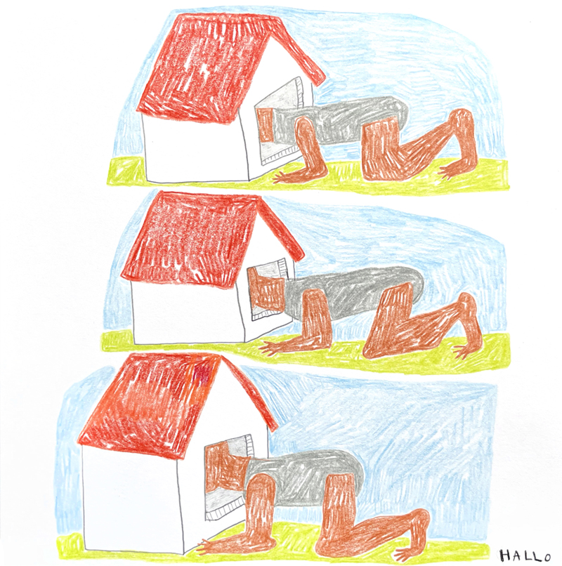 Zeichnung 'Hallo' von Susi Bumms, 2023, Drei Figuren gucken in ein Haus und sagen Hallo